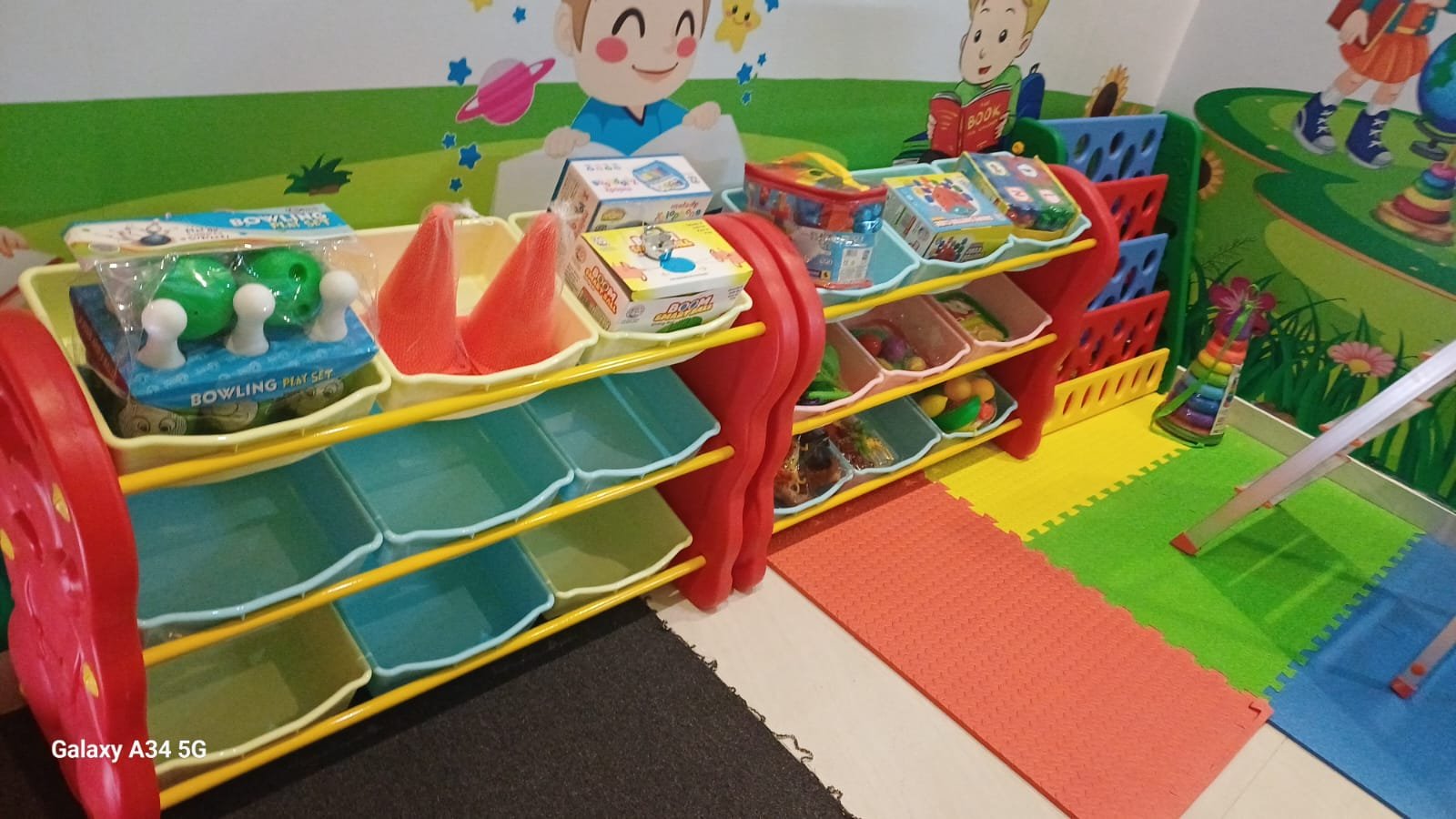 Colourful modular shelves for classroom storage
